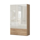 Háromajtós magasfényű gardróbszekrény, 2 fiókkal, törtfehér-diófa - ALIZE
