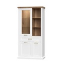 Háromajtós vitrines szekrény, fiókkal és LED világítással, fehér-diófa - ALABAMA