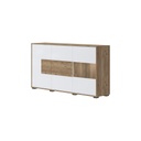 Háromajtós komód vitrinnel, LED világítással, fehér-dohánytölgy - PABLO