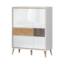 Kétajtós magasfényű szekrény, vitrinnel, fehér-diófa - PACIFIC