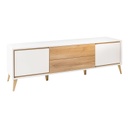 Kétajtós magasfényű TV állvány, 2 fiókkal, fehér-diófa - PACIFIC