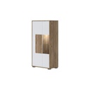 Kétajtós szekrény vitrinnel, LED világítással, fehér-dohánytölgy - PABLO