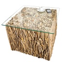 Különleges tömörfa dohányzóasztal üveg lappal, 50x50 cm - SALINES