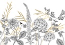 Nyári virágokat ábrázoló tapéta, méhecskével, 400x280 cm, fekte-fehér - PRAIRIE