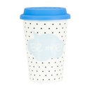 Porcelán hordozható pohár, szlikon tetővel,  kék felirattal - STAY POSITIVE