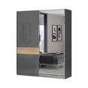 Tolóajtós magasfényű gardróbszekrény, 182x224 cm, tükörrel, antracit-tölgy - BISE