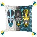 Afrikai maszkokat ábrázoló díszpárna, 45x45 cm, szürke-sötétzöld - MASQUES