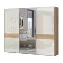 Három tolóajtós magasfényű gardróbszekrény, tükörrel, törtfehér-diófa - ALIZE