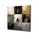 Vászon falikép, leveles montázs, 45x45 cm, arany-fekete - FEUILLES