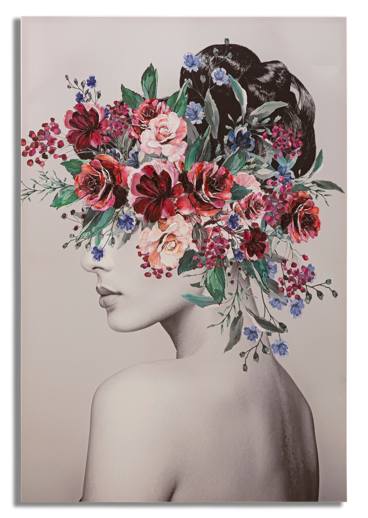 Vászon falikép 80x120 cm, női arckép virágokkal, színes - DE PROFIL