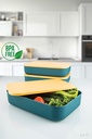 Műanyag tárolódoboz, türkiz, fa fedővel - SALADA