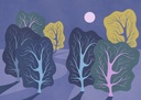 Éjszakai, lila színű erdőt ábrázoló tapéta, 350x250 cm, lila - zöld - sárga - MIDNIGHT