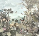 Békés erdőkép erdőképet ábrázoló tapéta, állatokkal, 300x280 cm, barna - zöld - kék - JUNGLE