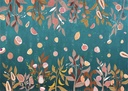 Gyümölcsökkel és levelekkel mintázott tapéta, 350x250 cm, türkiz - rózsaszín, narancssárga - AUTOMNE