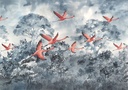 Repülő flamingókat ábrázoló tapéta, szürke erődvel a háttérben, 400x280 cm, rózsaszín - szürke - FLAMANDS