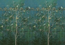 Díszes kerítést fákkal és madarakkal ábrázoló tapéta, 400x280 cm, zöld - arany - barna - TOPOLA