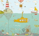 Tengeri élővilágot ábrázoló tapéta, 300x280 cm, türkiz - sárga - piros - JELLOW SUBMARINE