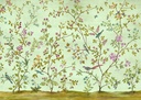 Növényekkel és madarakkal díszített tapéta, 350x250 cm, zöld - barna - rózsaszín - OISEAUX DE FEU