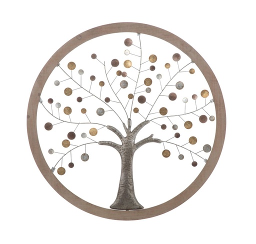 [DEMF-0318430001[D]] Fát ábrázoló fali dekoráció, kerek fa kerettel, ezüst-arany - ARBRE DE VIE