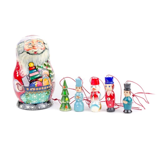 [DELE-7FKT] Télapó matrjoska baba, 5 db dísszel, kicsi, piros - MATRIOSHKA PERE NOEL