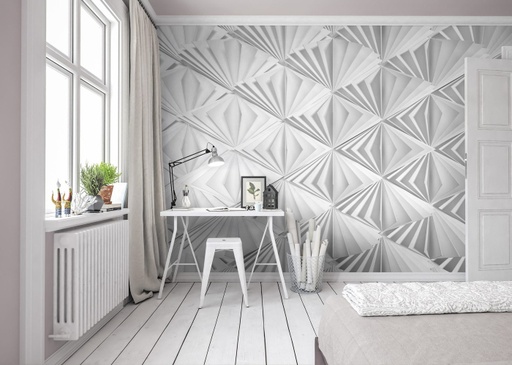 [DEJS-8-204[D]] 3D hatású geometrikus mintás tapéta, 368x254 cm, fehér - PLIAGE
