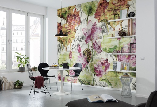 [DEJS-XXL4-070[D]] Absztrakt lótusz virágokat ábrázoló tapéta, 368x248 cm, lila-zöld - LOTUS