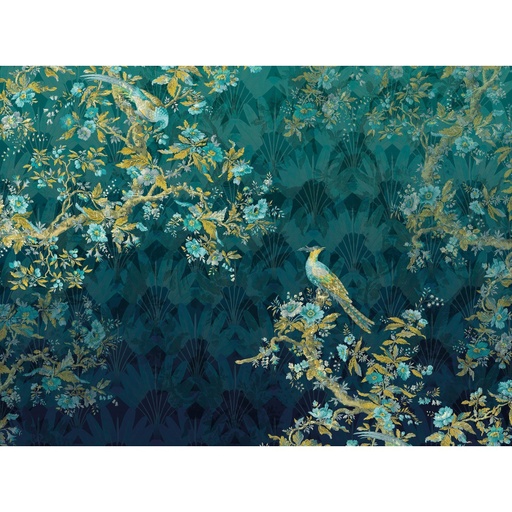 [DEJS-HX7-056[D]] Art déco és virág mintás tapéta, pávákkal, 350x260 cm, türkiz-arany - PAONS