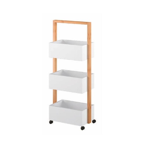 [DETK-215971[D]] Bambusz polc, kerekekkel és 3 kosárral, fehér - ALTO